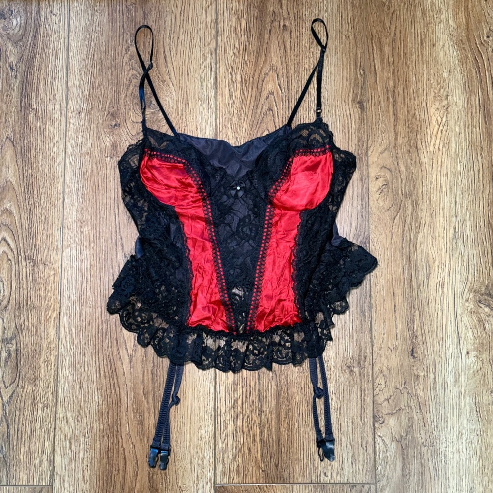 80s Nan Flower Red Black Lace Garter Camisole Top Made in USA Large Nylon Gothic